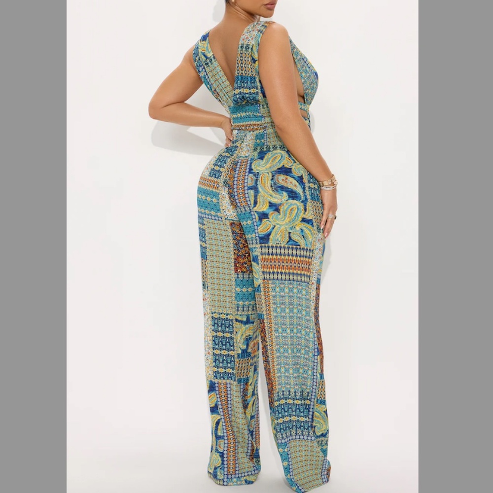 Boho Patchwork Wide-Leg Jumpsuit - M